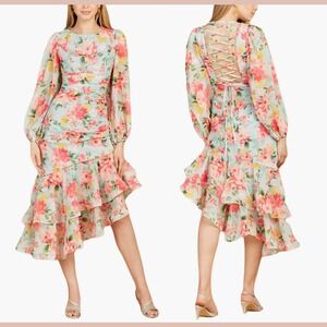 NEW $458 LARA New York [‎ 4  ] High Neck Lace Up Long Sleeve Midi Dress J2033